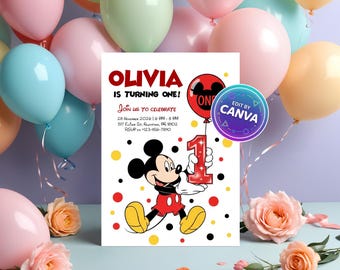 Oh Twodles Birthday Invitation | Mickey Mouse Party, Editable Canva Template (Digital Download)