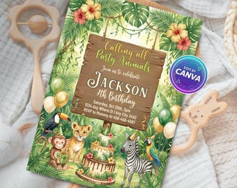Plantilla de invitación de cumpleaños de safari, invitación a fiesta en la jungla, imprimible con temática de zoológico, Canva editable, descarga digital de Wild One Safari