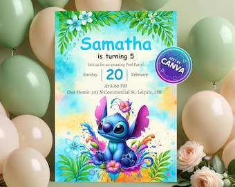 Editable Animated Pool Party Birthday Invitation – Summer Stitch Video Invite for Girl’s Birthday – Cute Pool Party Bday Template