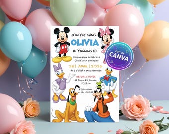 Editable Mickey Mouse Birthday Invitation | Disney Party, Canva Template (Digital Download)