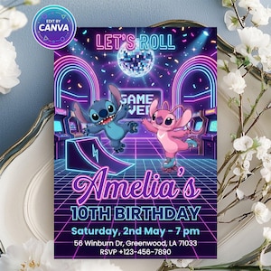 May include: A colourful birthday invitation with a retro arcade theme. The design features the text "Let's Roll" and "Amelia's 10th Birthday". The invitation includes cartoon characters, arcade machines, and a disco ball, all in neon colours.