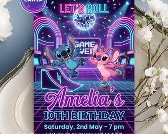 Invitación de cumpleaños de Stitch Roller Skate, fiesta neón brillante, editable en Canva