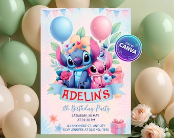 Editable Stitch Birthday Invitation Template – Lilo and Stitch Angel Party Invite for Kids, Aloha Theme, Printable Canva Design