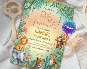 Invitación de cumpleaños de safari en la jungla, invitación para fiesta de animales del zoológico, plantilla editable de Canva, invitación digital imprimible