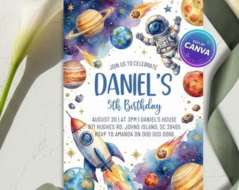 Invitación de cumpleaños de otro mundo, invitación a una fiesta espacial, astronauta galáctico con cohete, plantilla editable de Canva, imprimible