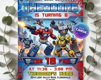 Transformers Rescue Bots Birthday Invitation, Optimus Prime Bumblebee Party Invite, Editable Canva Template, Printable