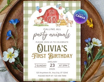 Invitación de cumpleaños de granja, invitación para fiesta infantil con animales de granja, plantilla editable de Canva de 5x7, invitación imprimible de cumpleaños de rancho