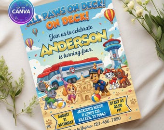 Invitación de cumpleaños editable de la Patrulla Canina, invitación para fiesta infantil, temática de la Patrulla Canina para niños y niñas, descarga instantánea