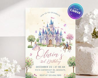 Invitación de cumpleaños de princesa real, invitación a fiesta en el castillo de princesa, plantilla editable de Canva, descarga instantánea imprimible