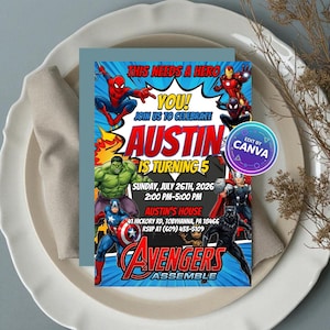 May include: A colorful invitation featuring Avengers characters, including Spider-Man, Iron Man, and Hulk. The invitation reads "Austin is turning 5" with event details. The design includes a blue background and the text "Avengers Assemble."