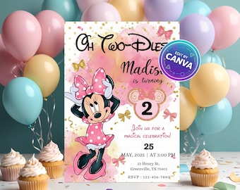 Oh TWOdles 2nd Birthday Invitation Editable, Cute Mouse Second Birthday Invite, Boho Minnie Digital Party Template
