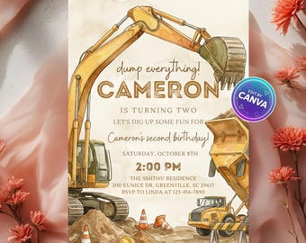 Invitación de cumpleaños editable de camión de construcción, invitación a una fiesta de excavación, tema de construcción para niños de todas las edades, plantilla imprimible de Canva