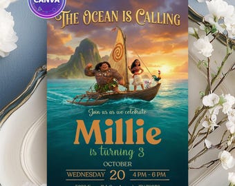 Invitación de cumpleaños de Moana, fiesta tropical, plantilla editable de Canva (descarga digital)