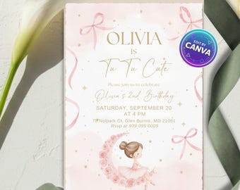 Invitación de cumpleaños de bailarina Two-Tu, invitación para fiesta de chicas TuTu, plantilla editable de Canva, invitación digital imprimible, descarga instantánea