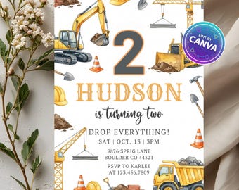 Invitación para fiesta de cumpleaños de construcción, invitación de camión volquete para niños, plantilla editable de Canva, descarga digital imprimible instantánea