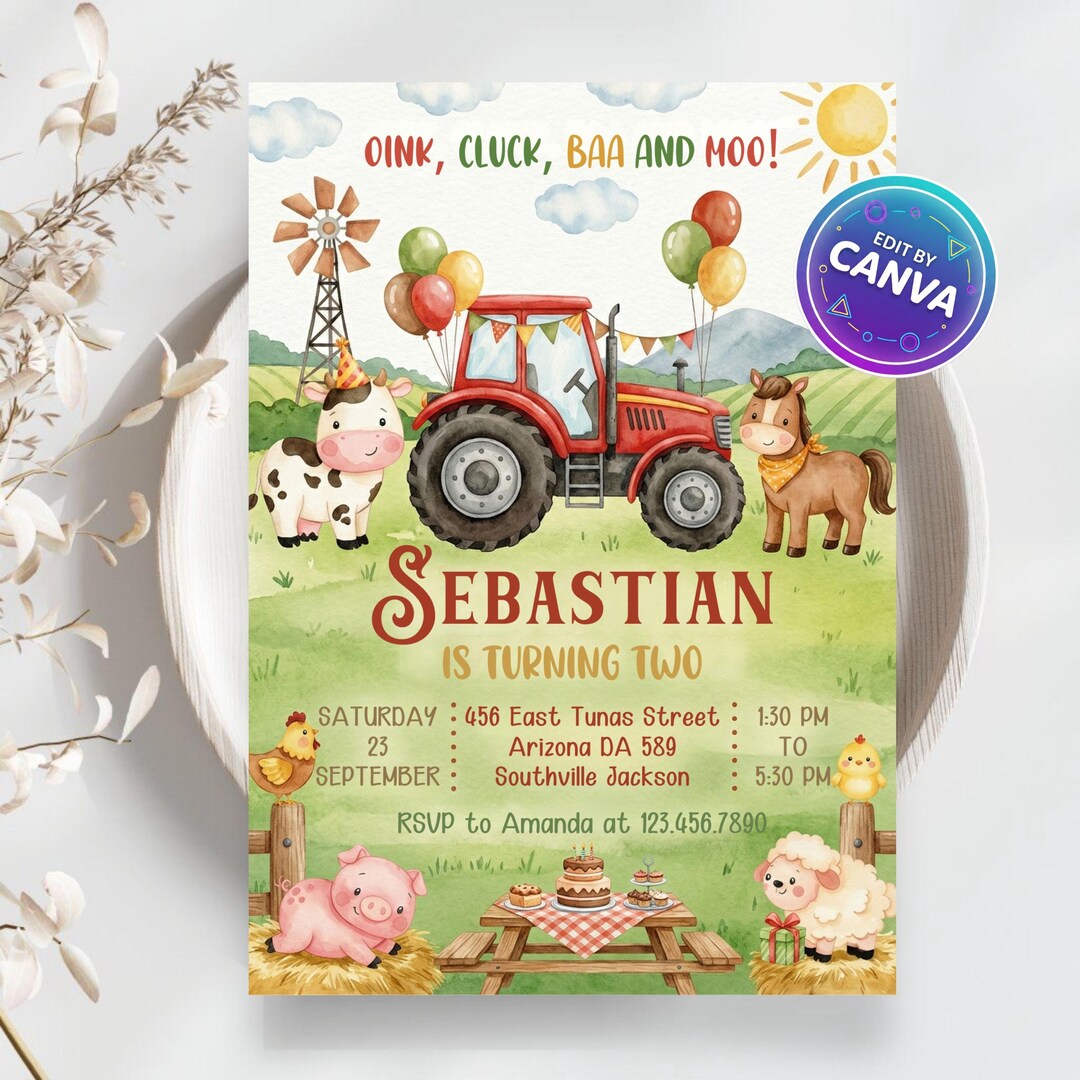 Farm Animals Birthday Invitation, Ranch Theme, Editable Canva Template ...