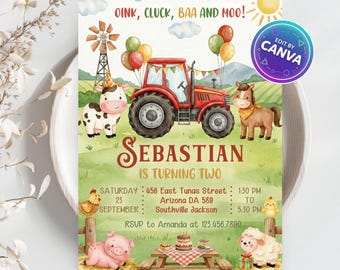 Invitación de cumpleaños con animales de granja, temática de rancho, plantilla editable de Canva (descarga digital)