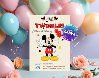 Oh Twodles Birthday Invitation | Mickey Mouse 2nd Birthday (Canva Digital Download)