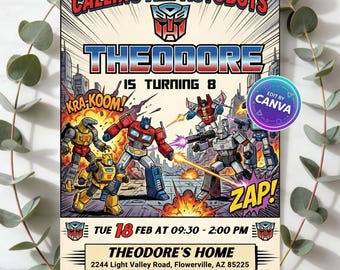 Invitación de cumpleaños de Transformers Rescue Bots, invitación para fiesta de Optimus Prime y Bumblebee, plantilla editable de Canva, imprimible