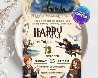 Invitación de cumpleaños de escuela de magia, plantilla mágica de Canva