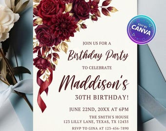 Invitación editable de quinceañera en rojo y dorado, invitación floral para quinceañeros, plantilla Canva, descarga digital imprimible de 5x7