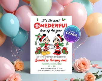 Mouse Christmas 1st Birthday Invitation | Editable Canva Invite | Instant Download