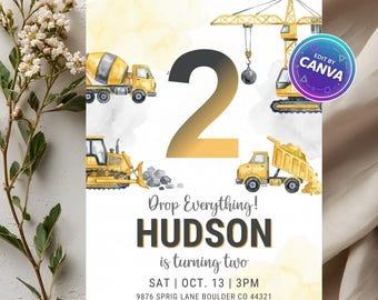 Invitación de cumpleaños editable de construcción, invitación a fiesta de camiones de volteo para niños, plantilla imprimible y digital de Canva, descarga instantánea