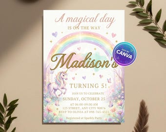 Invitación de cumpleaños de unicornio, arcoíris pastel, fiesta de princesas (editable en Canva, descarga digital)