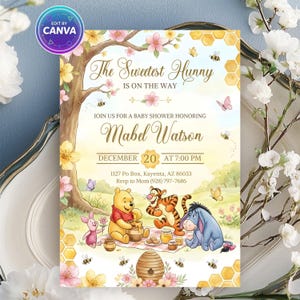 May include: Baby shower invitation featuring Winnie the Pooh and friends. The invitation has a watercolor design with a tree, flowers, bees, and honeycomb. Text reads "The Sweetest Hunny Is On The Way" and details for Mabel Watson's baby shower.