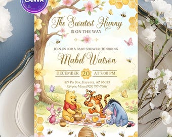 Invito per baby shower a tema Winnie the Pooh, tema ape e miele (modello Canva modificabile)