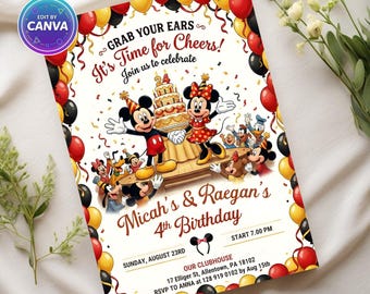 Invitación de cumpleaños de Mickey y Minnie (editable), invitación para fiesta de cumpleaños infantil, temática de pareja de Disney, plantilla digital de 5 x 7 pulgadas