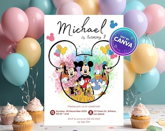 Watercolor Mickey and Friends Birthday Invitation, Disneyland Party Theme, Editable Kids Canva Template, Digital Download