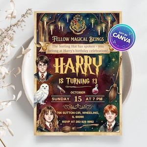 Puede incluir: Una invitación de cumpleaños con temática de Harry Potter con el texto "Fellow Magical Beings" y "Harry cumple 13". La invitación presenta ilustraciones de Harry, Hermione, Ron, un búho y otros elementos mágicos. La fecha es el 15 de octubre a las 7 PM.