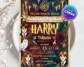Invitación de cumpleaños de mago, temática de escuela mágica, plantilla de Canva (descarga digital)
