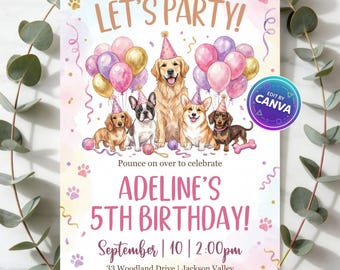 Invitación de cumpleaños de Pawty, invitación para fiesta de cachorros para niños, plantilla editable de Canva, descarga digital imprimible