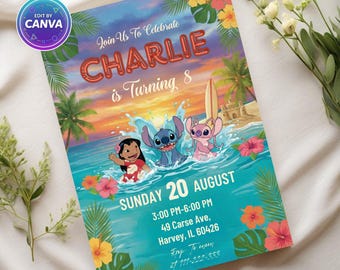 Invitación de cumpleaños de Lilo y Stitch, fiesta hawaiana infantil, plantilla editable de Canva (Digital 5x7)