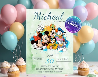 Mickey and friends Birthday Invite | Watercolor Canva Template for Boys | Editable Party Invitation | Instant Download