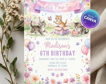 Invitación de cumpleaños de gato para niñas, invitación para fiesta de gatitos "Let's Pawty", plantilla editable de Canva, descarga digital imprimible