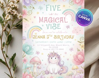 Invitación para fiesta de unicornio de 5.º cumpleaños, arcoíris pastel "Cinco es mágico", plantilla editable de Canva, descarga digital imprimible