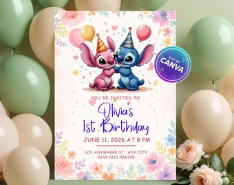 Editable Stitch Birthday Invitation – Lilo & Stitch Angel Party Invite for Kids, Printable Aloha Theme, Canva Template