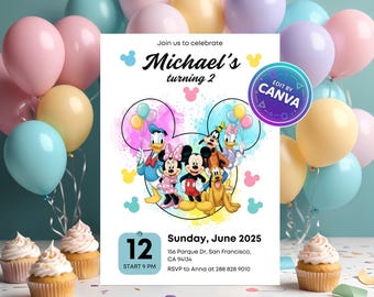 Watercolor Mickey & Friends Birthday Invite, Disneyland Theme Party, Editable Kids Canva Template, Instant Digital Download