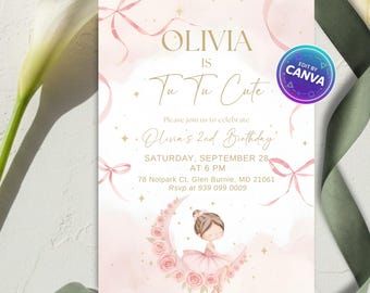 Invitación de cumpleaños de bailarina, invitación para fiesta Two-Tu, plantilla editable de Canva, imprimible para cumpleaños de chicas TuTu, descarga instantánea