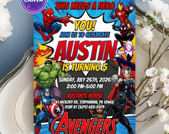 Invitación de cumpleaños de los Vengadores, fiesta de superhéroes, plantilla editable de Canva (descarga digital)
