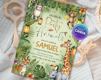 Invitación de cumpleaños de safari, invitación a fiesta de zoológico en la jungla, plantilla editable de Canva, descarga digital imprimible