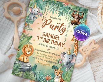 Invitación de cumpleaños de safari en la jungla, invitación para fiesta de animales del zoológico, plantilla editable de Canva, descarga digital imprimible