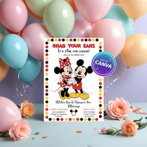 May include: A rectangular birthday invitation card featuring Mickey and Minnie Mouse, with the text GRAB YOUR EARS, It's time for cheers!, Join us to celebrate, Olivia's 2nd & Raegan's 4th BIRTHDAY, Sunday, August 23rd, and RSVP details.