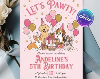 Invitación de cumpleaños editable para cachorros, fiesta de cachorros para niños pequeños, plantilla imprimible de Canva, descarga digital instantánea.