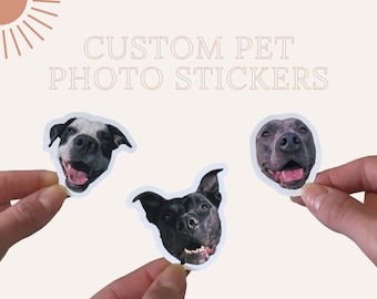 May include: Three custom pet photo stickers featuring close-up images of dogs' faces. The stickers are printed on white paper and have a glossy finish.