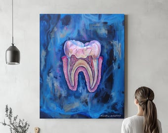 May include: A close-up painting of a tooth with a blue, gold, and pink background. The tooth is depicted in detail, showing the enamel, dentin, and pulp. The painting is signed and dated.