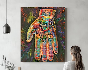 Hand Anatomy in Bright Color, Canvas, Anatomy Art, Orthopedics Radiology Wall Art Science Medical Student Office Medicine